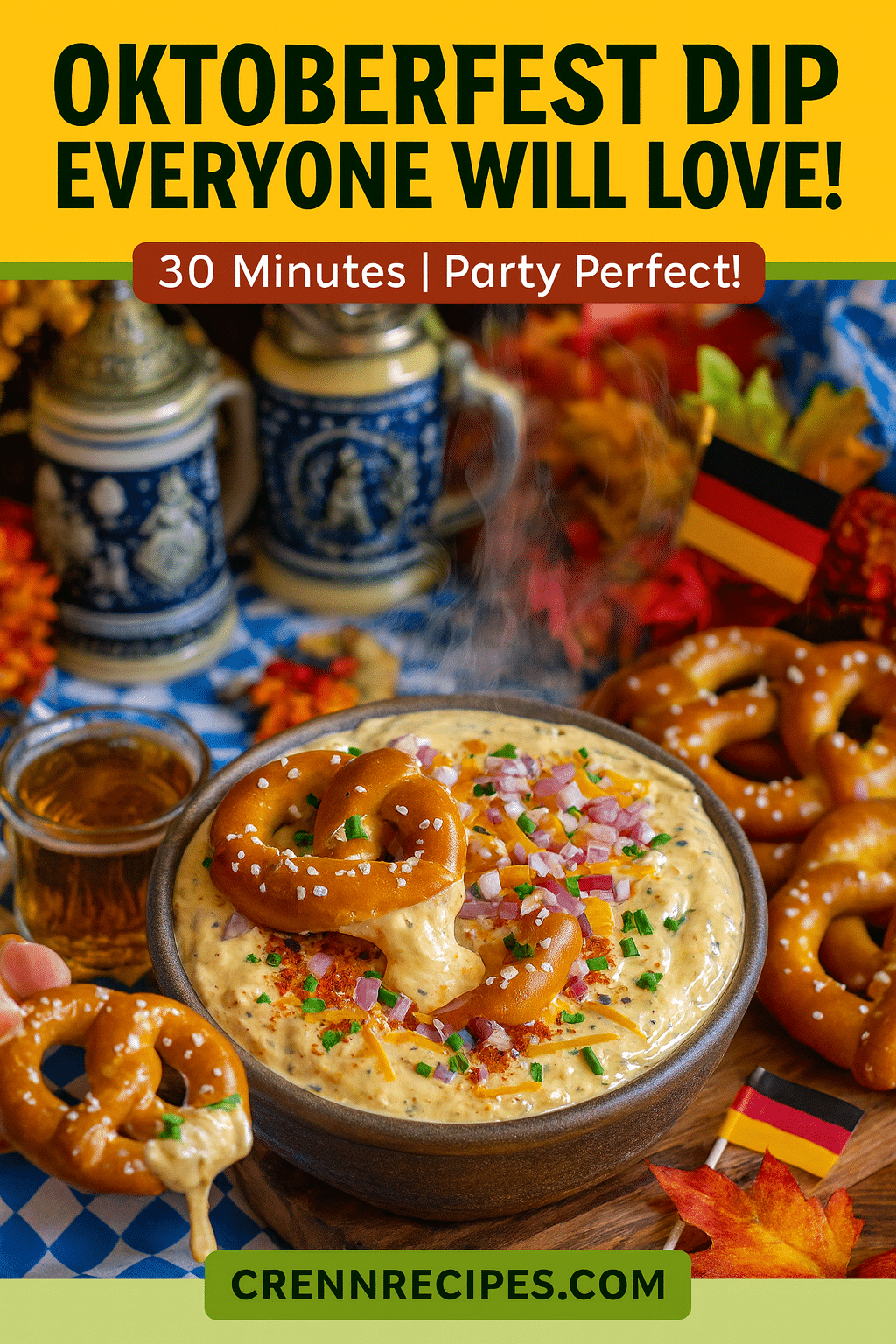 Pinterest pin for Smoky Cheddar Pretzel Oktoberfest Dip - 30 minutes party perfect gourmet appetizers