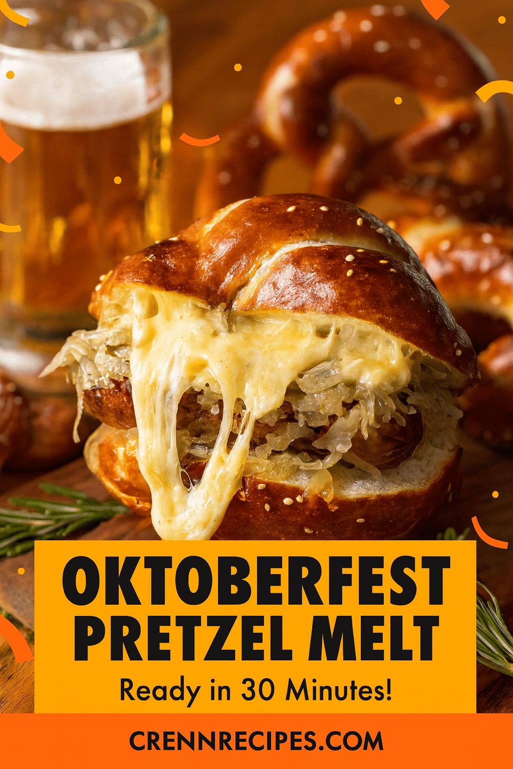 Pinterest pin for Oktoberfest Sausage Sauerkraut Pretzel Melt - Ready in 30 Minutes brunch-classics