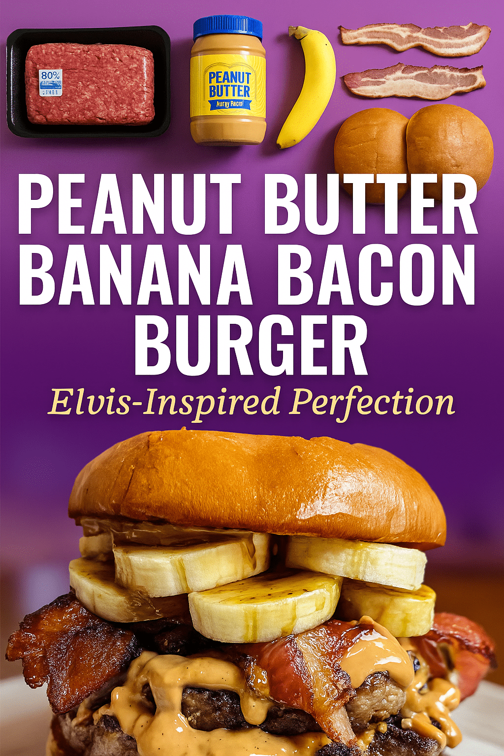 Pinterest pin featuring peanut butter banana bacon burger ingredients and final dish - CrennRecipes Elvis-inspired recipe