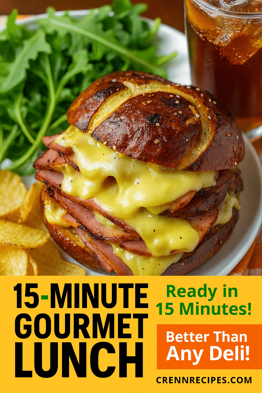 Pinterest pin for Black Forest Ham Pretzel Panini - 15-minute gourmet lunch comfort food
