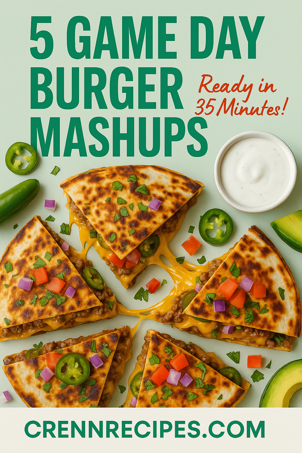 Pinterest pin for Game Day Quesadilla Burger Collection - Ready in 35 Minutes gourmet appetizers