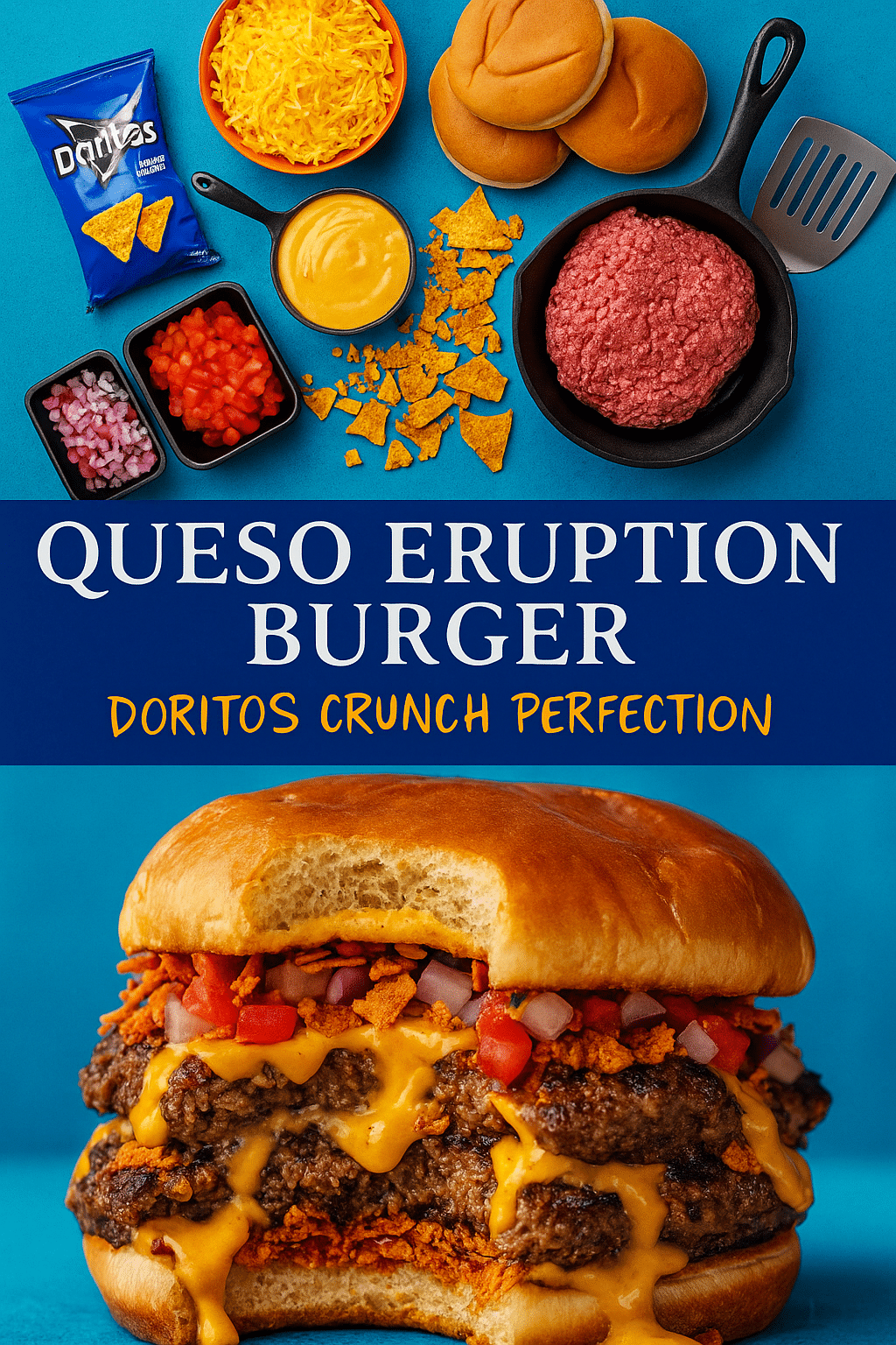 Pinterest recipe pin showing Crunchy Cool Ranch Queso Eruption Burger cross-section with melted cheese and Doritos crunch