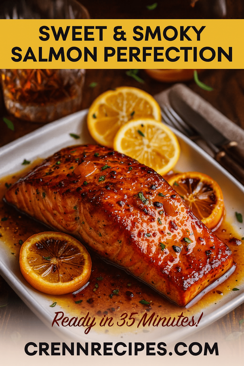 Pinterest pin for Apricot Scotch Glazed Salmon - 35 minute elegant-entrees recipe