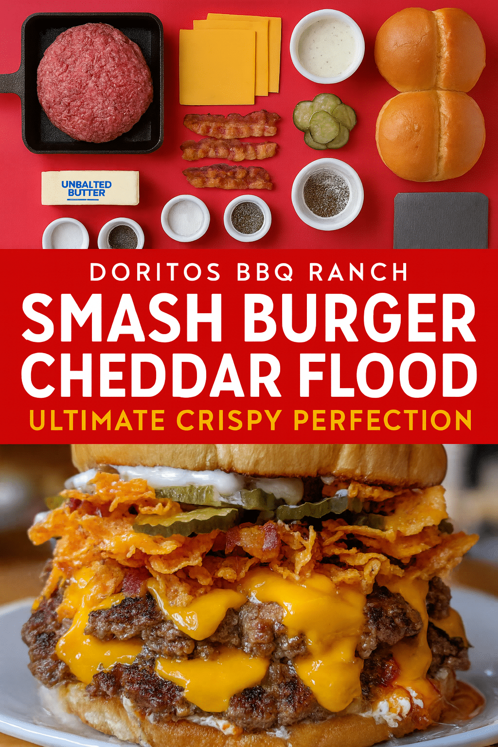 Pinterest pin for smash burger with cheddar flood recipe featuring American cheese, bacon, and premium cast-iron cooking technique