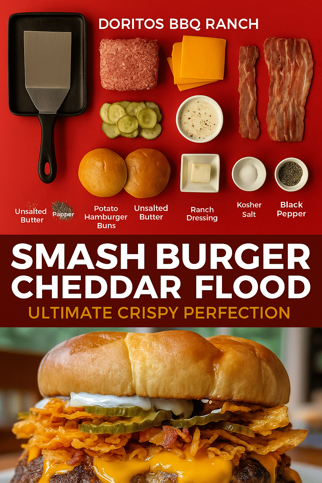 Dynamic Pinterest pin showing smash burger cooking process with American cheese flood, bacon, and cast-iron skillet technique