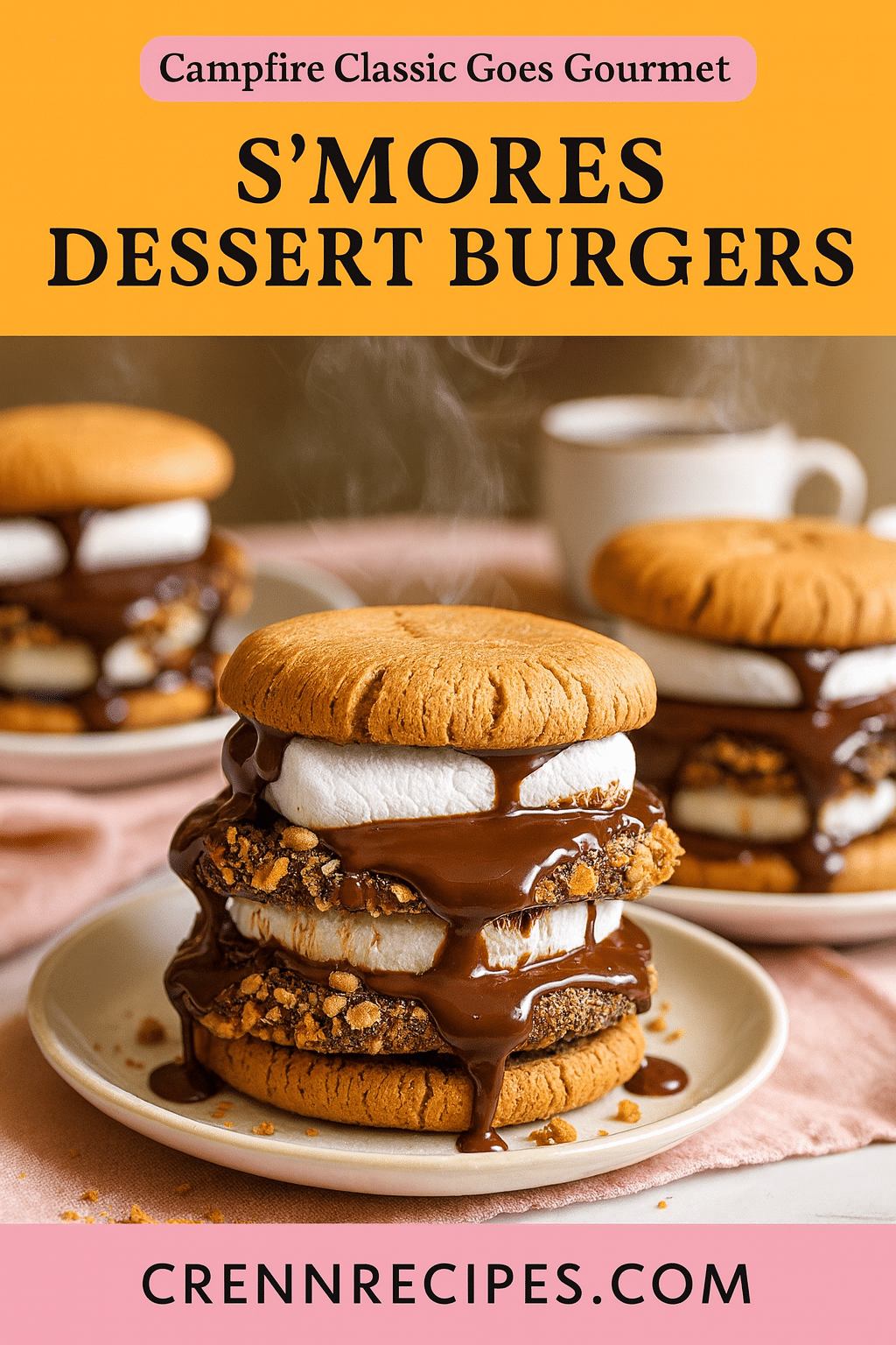 Pinterest pin for S'mores Chocolate Marshmallow Burger - Campfire Classic Goes Gourmet sophisticated-desserts