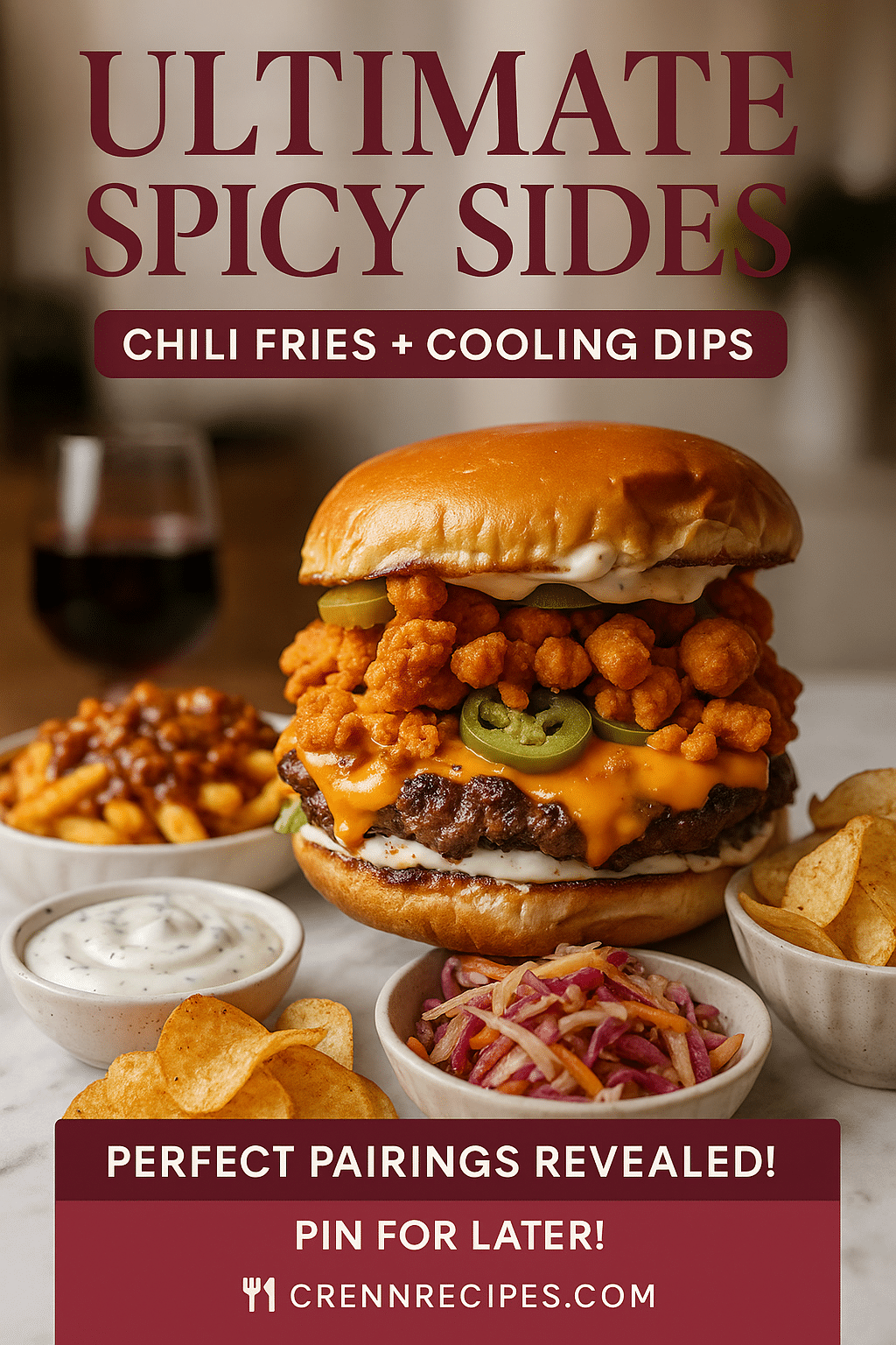 Pinterest pin featuring ultimate spicy burger sides including chili fries and cooling dips
