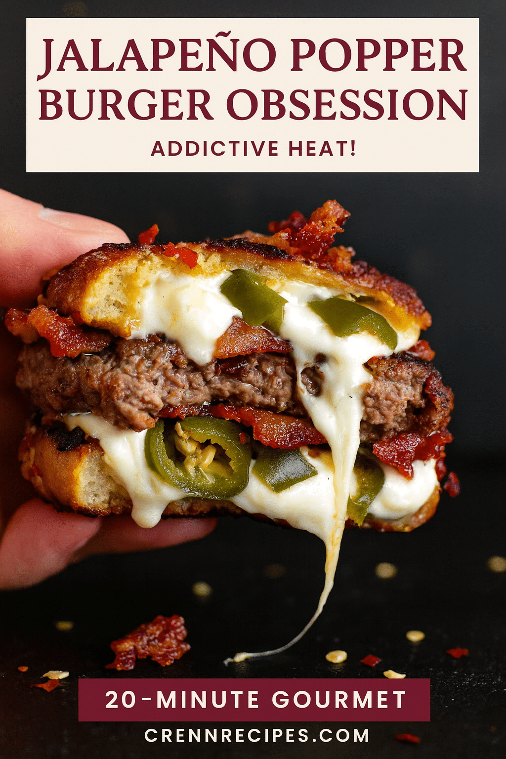 Pinterest pin for spicy burger recipe - addictive jalapeño popper burger