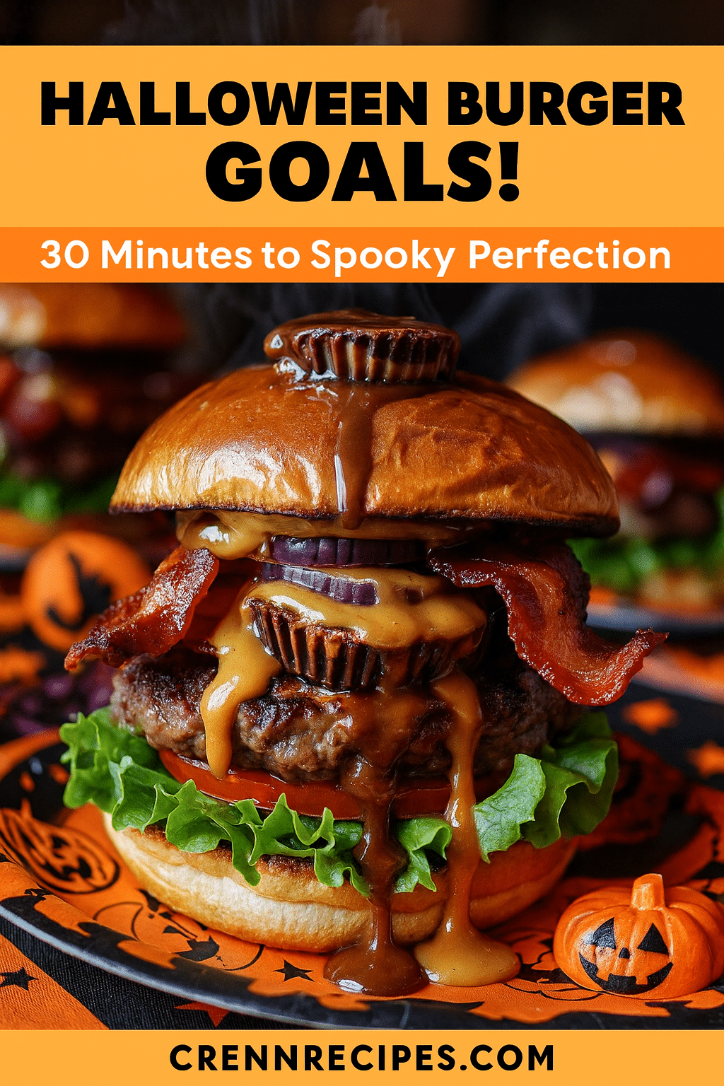 Pinterest pin for spooky burger - 30 minutes Halloween party burger