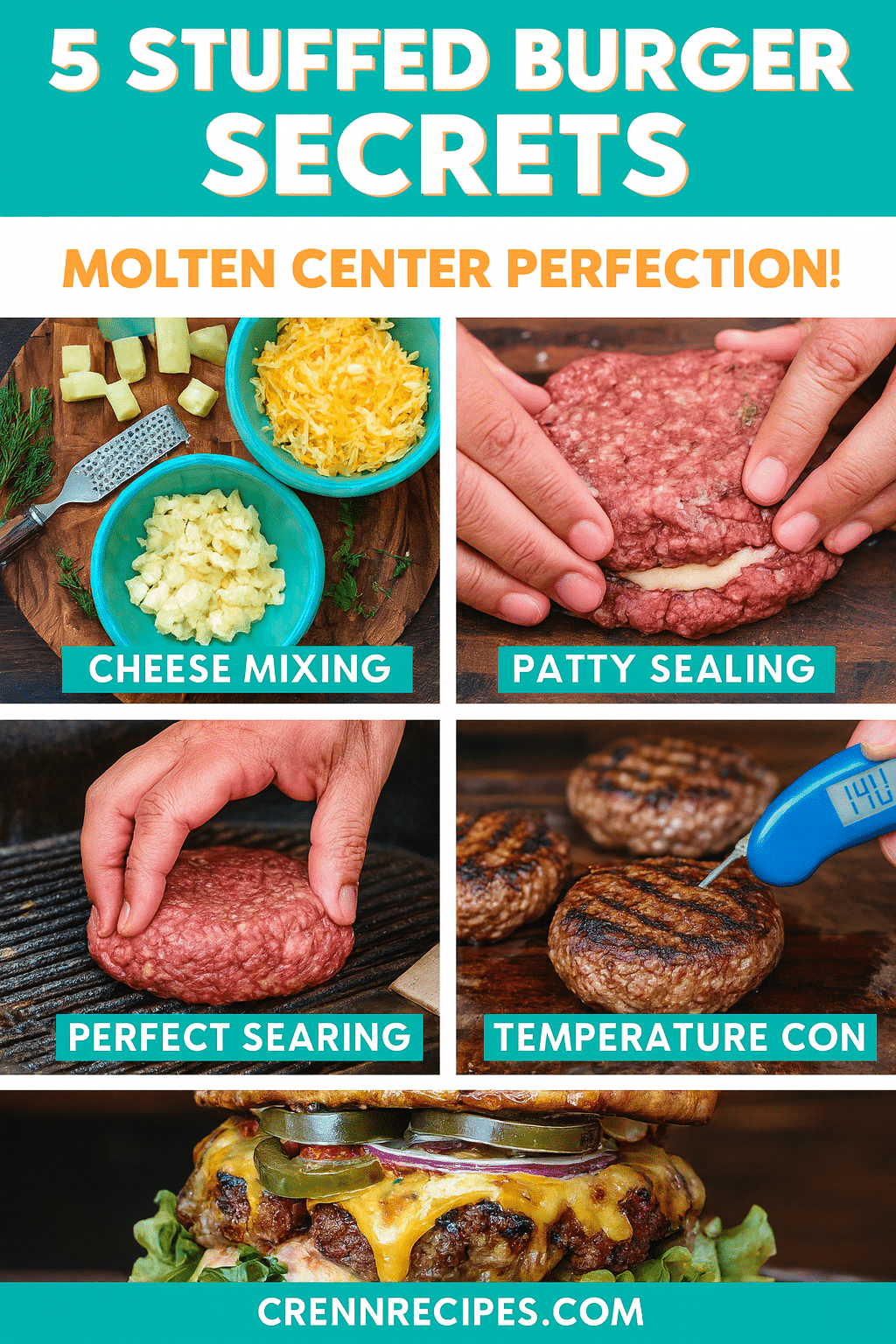 Pinterest pin for stuffed burger secrets - molten center technique gourmet-appetizers