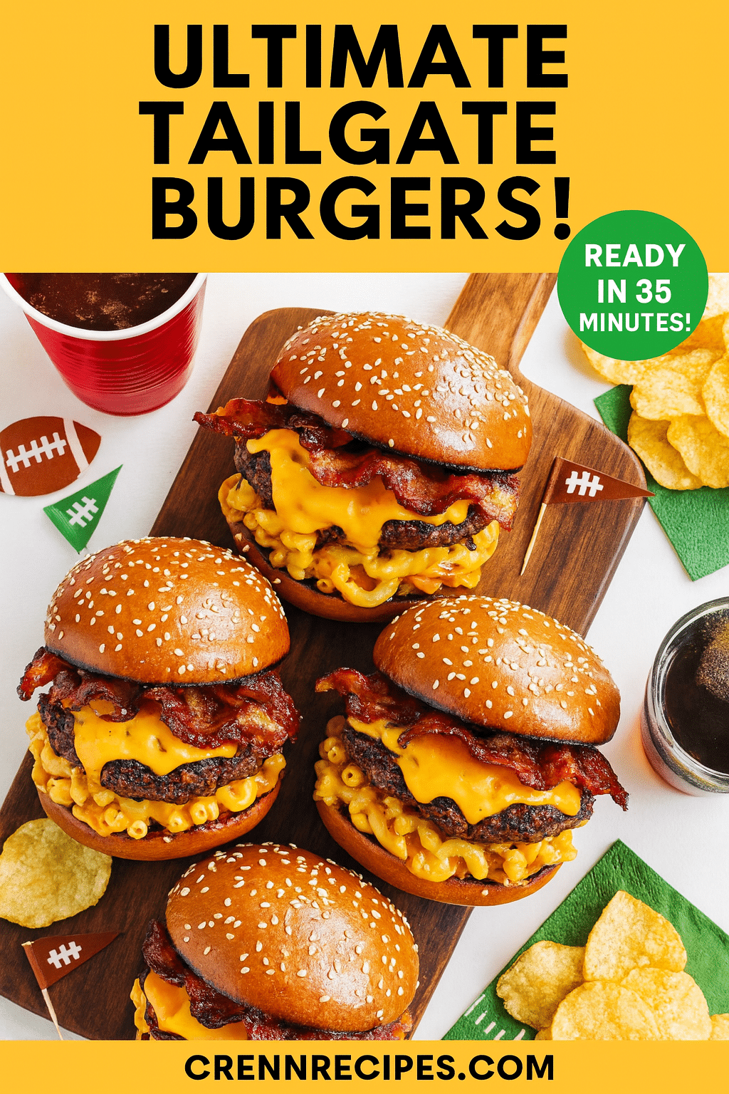 Pinterest pin for Tailgate BBQ Bacon Mac Pretzel Burger - ready in 35 minutes gourmet appetizers