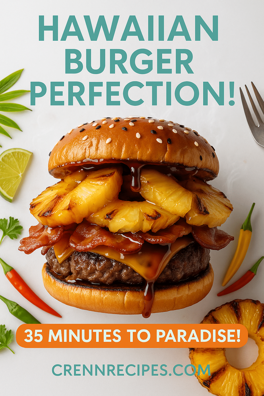 Pinterest pin for Pineapple Teriyaki Bacon Lava Burger - 35 minutes to paradise gourmet-appetizers