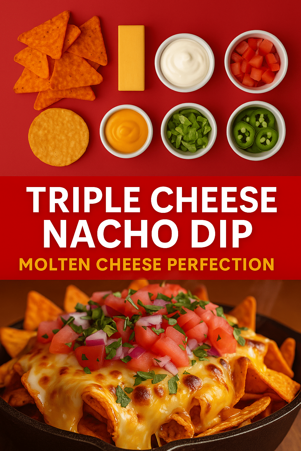 Pinterest pin for triple cheese nacho dip recipe with ingredient showcase