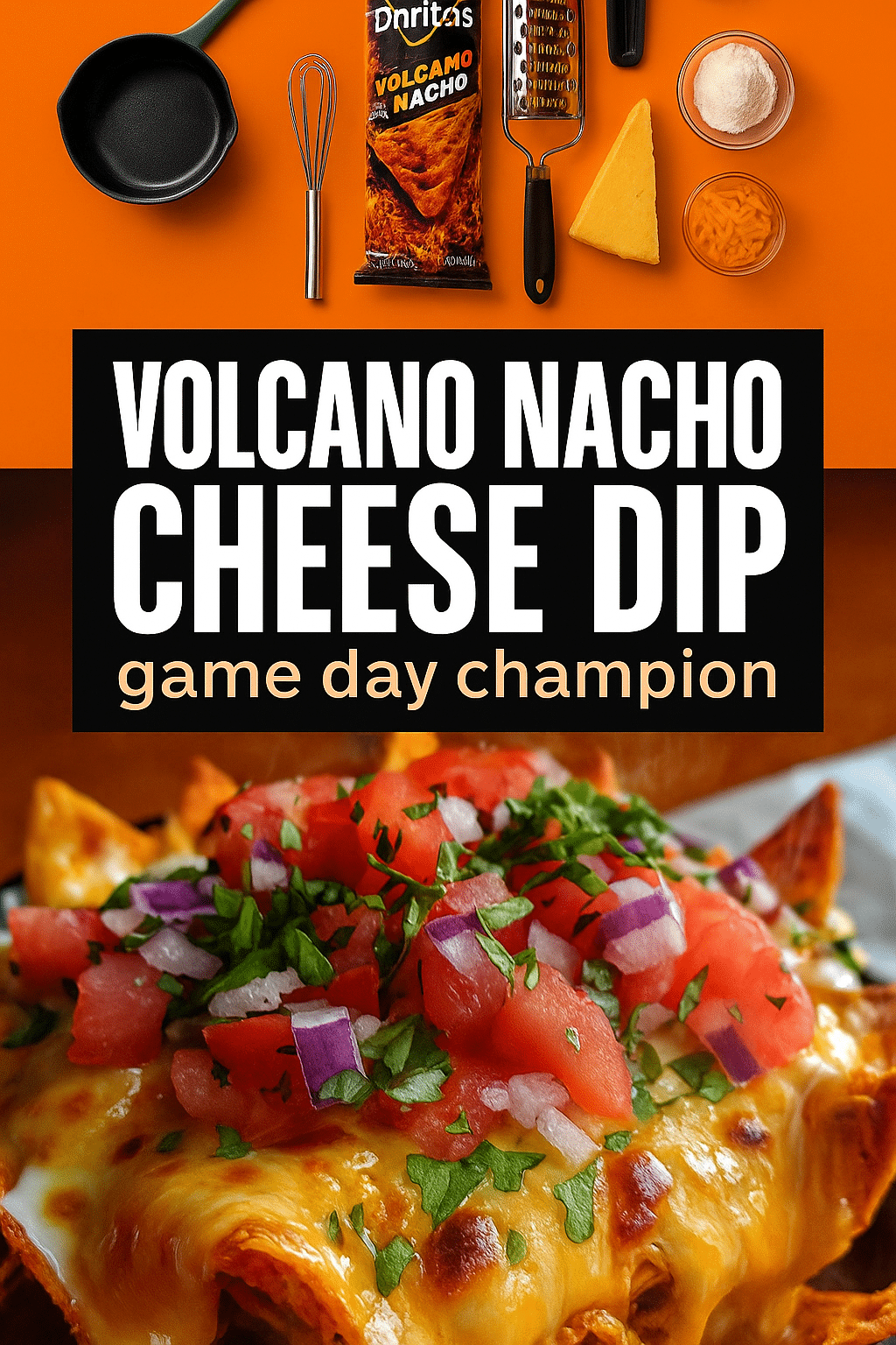 Game day triple cheese nacho dip recipe with cooking tools and ingredients