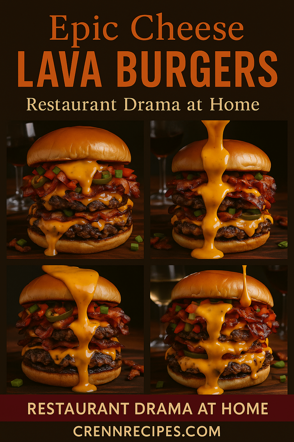 Pinterest pin for Volcano Queso Burger - Restaurant Drama at Home elegant-entrees
