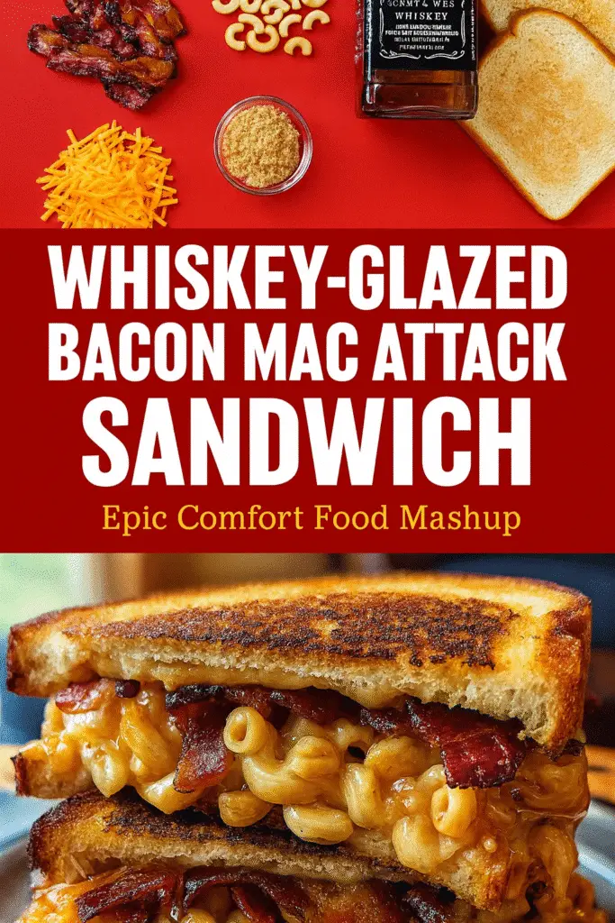 Pinterest pin for whiskey-glazed bacon mac attack sandwich recipe with Jack Daniel's glaze and premium sharp cheddar