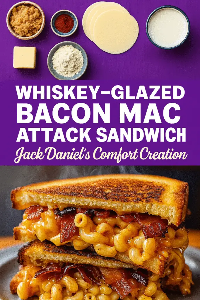 Whiskey bacon mac attack sandwich Pinterest pin featuring Jack Daniel's candied bacon and creamy sharp cheddar mac cheese