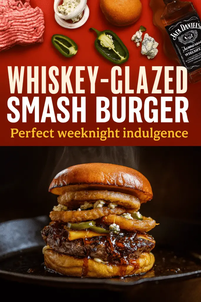 Whiskey-glazed smash burger Pinterest pin with ingredients showcase and finished burger