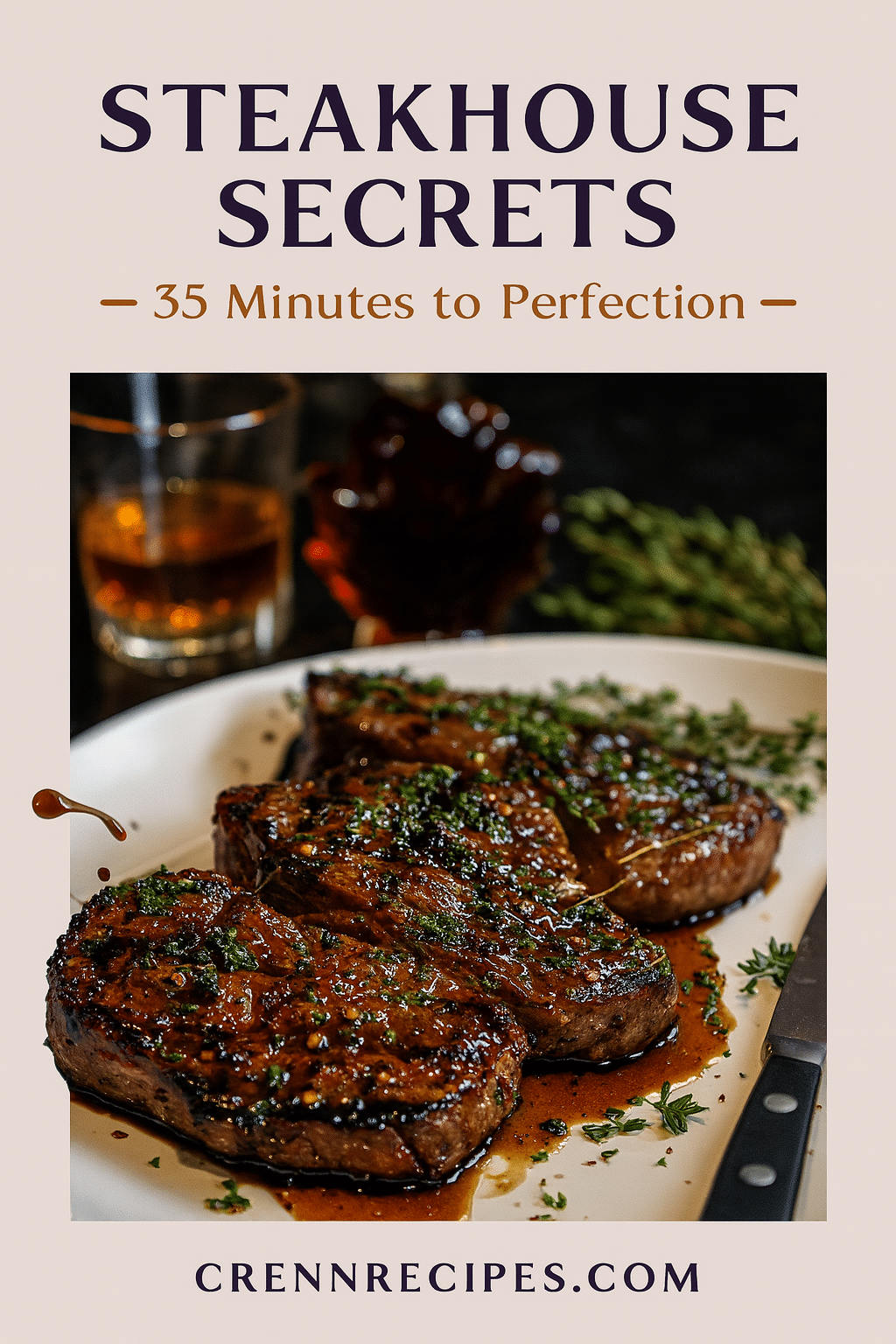 Pinterest pin for whiskey maple ribeye - 35 minutes to perfection elegant entrees
