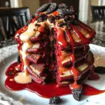 Red Velvet Oreo Bacon Cream Cheese Pancakes with premium cream cheese glaze and artisan Oreo cookies