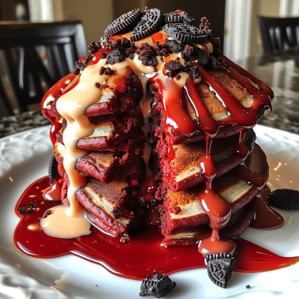 Red Velvet Oreo Bacon Cream Cheese Pancakes with premium cream cheese glaze and artisan Oreo cookies