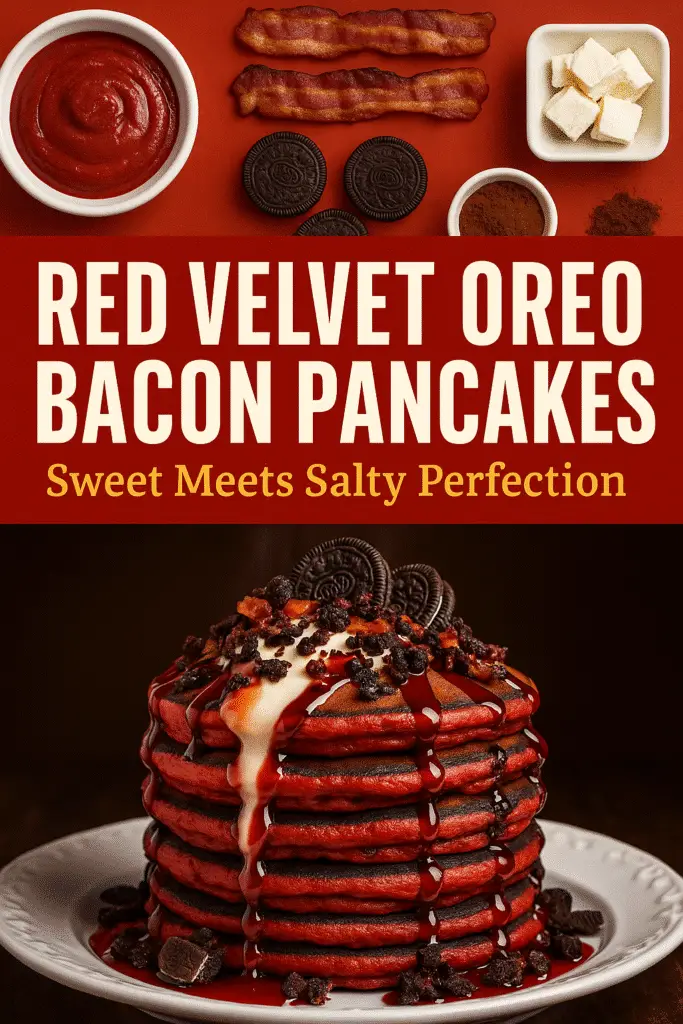 Red Velvet Oreo Bacon Pancakes Pinterest pin with premium ingredients showcase