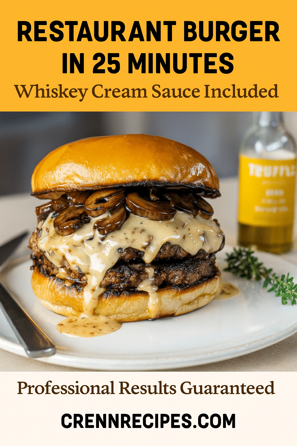 Restaurant burger 25 minutes Pinterest recipe pin - professional results truffle mushroom Swiss smash burger