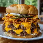 Smash burger with cheddar flood featuring crispy beef patty, melted American cheese, bacon strips and dill pickles on toasted bun