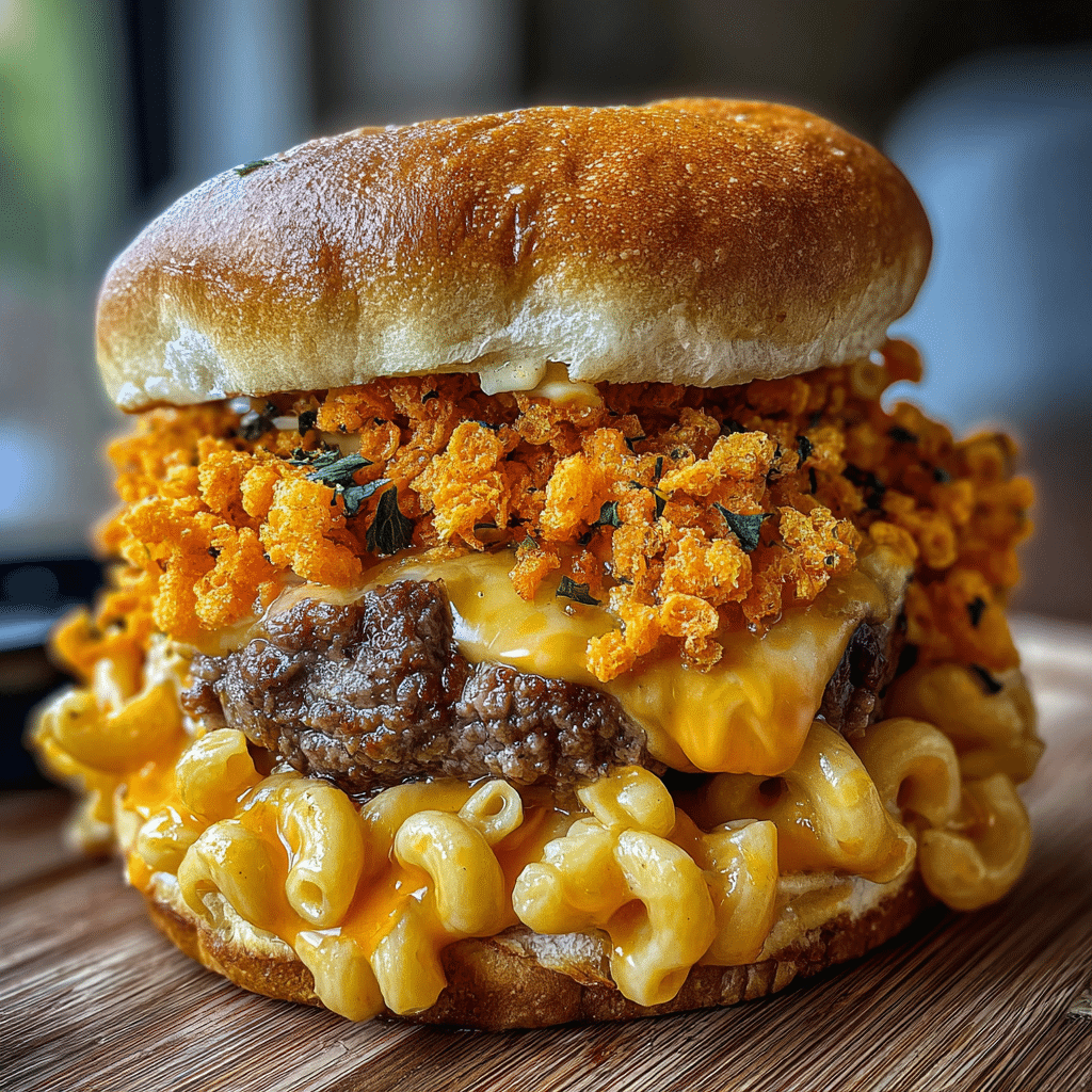Spicy mac and cheese burger bomb with Flamin Hot Cheetos coating and melted cheddar center on brioche bun