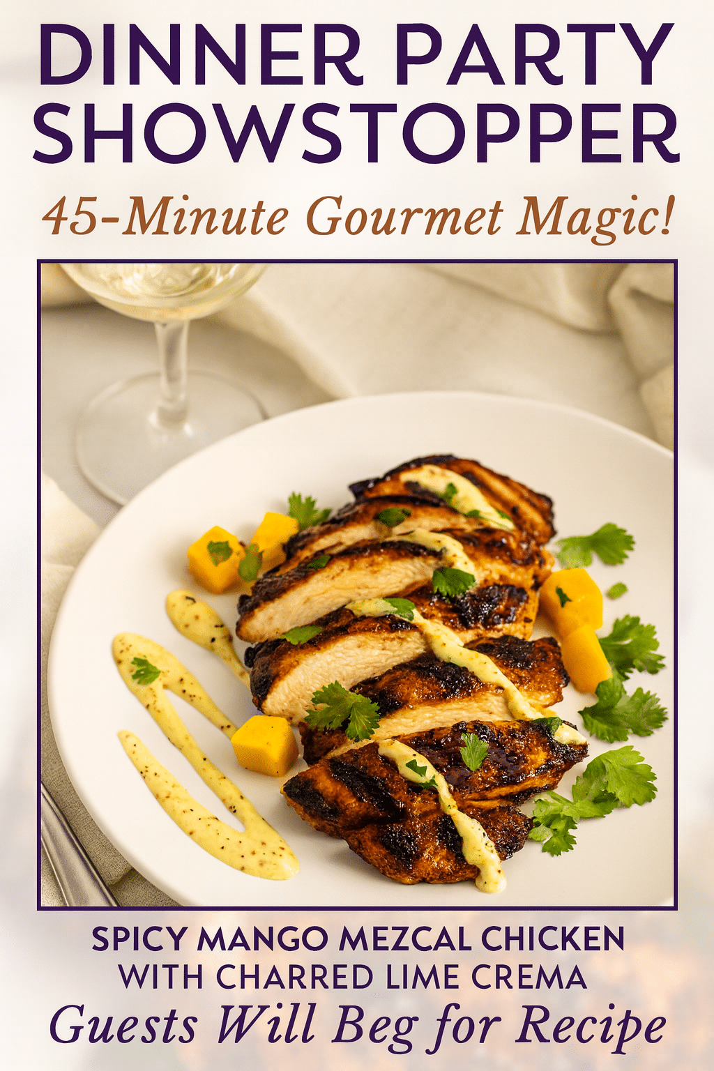 Spicy mango mezcal chicken Pinterest recipe pin - dinner party showstopper elegant entrees