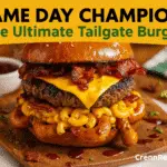 Tailgate BBQ Bacon Mac Pretzel Burger recipe - CrennRecipes gourmet appetizers tailgate burger recipe