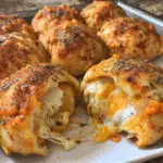 Triple Cheese Doritos-Stuffed Pizza Bombs with golden crispy coating and melted cheese center on white plate