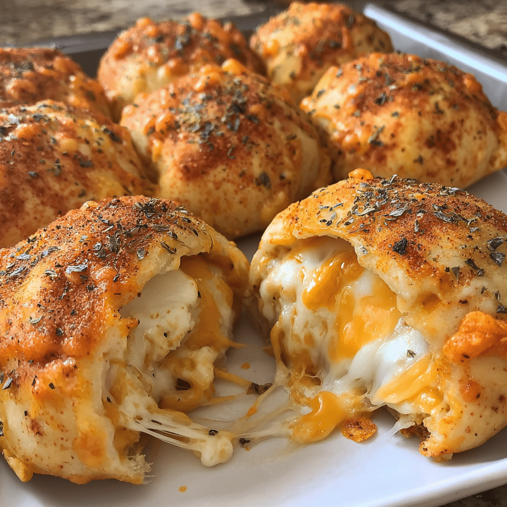 Triple Cheese Doritos-Stuffed Pizza Bombs with golden crispy coating and melted cheese center on white plate