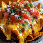 Triple cheese nacho dip with melted cheddar dripping from Doritos chips