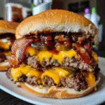 Triple Threat Bacon & Cheese Collapse Burger with juicy beef patty, smoky bacon, and melted cheddar on toasted buns.