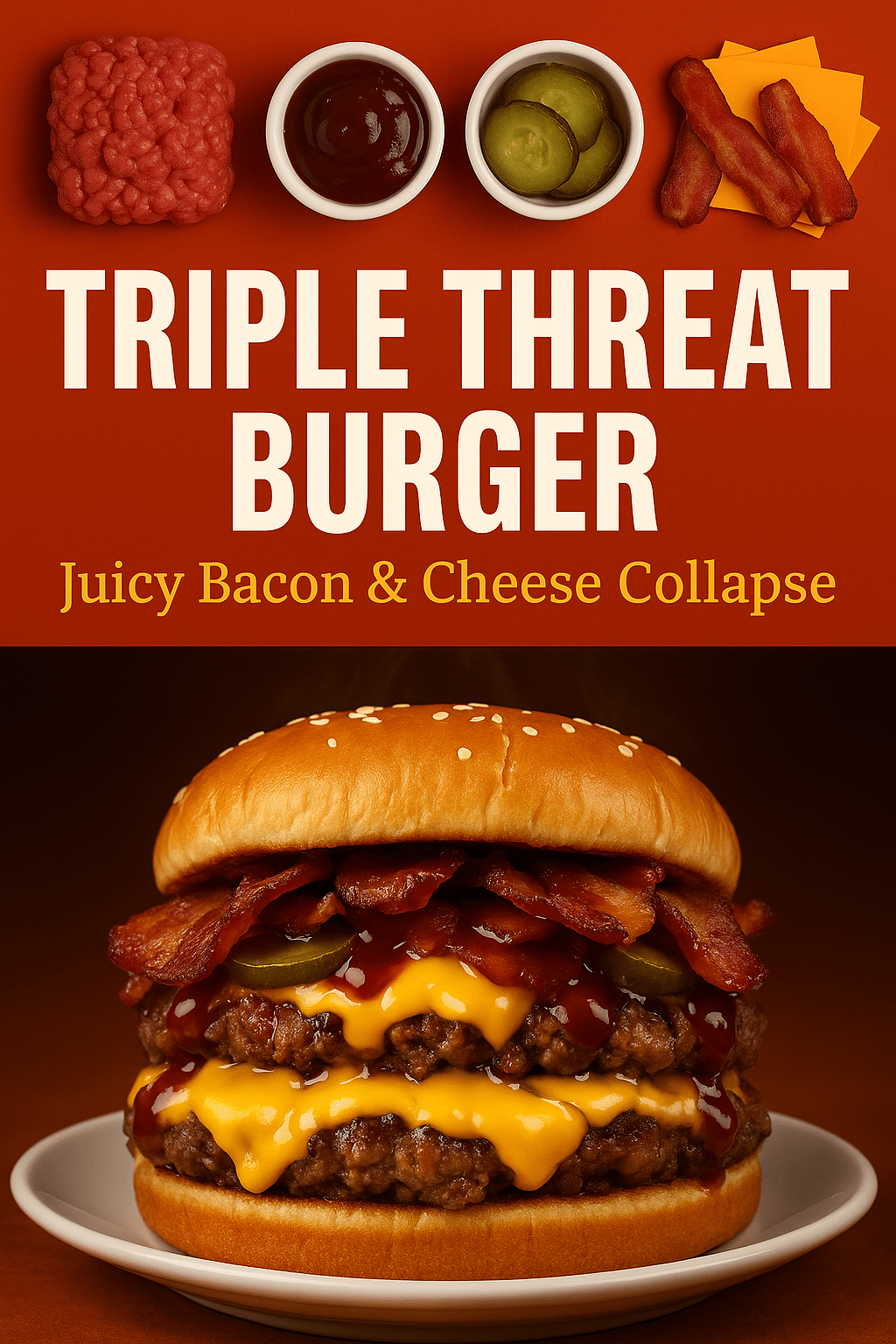 Pinterest pin showing Triple Threat Bacon & Cheese Collapse Burger with bacon, cheddar, and juicy grilled beef in a bold red layout.