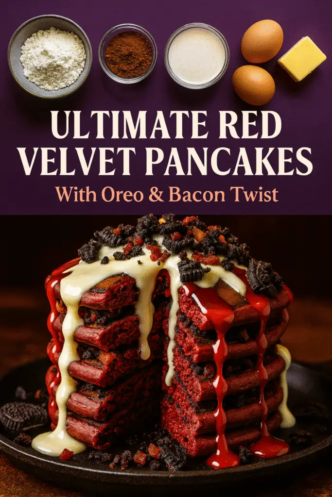 Ultimate Red Velvet Oreo Bacon Pancakes Pinterest design with professional food photography