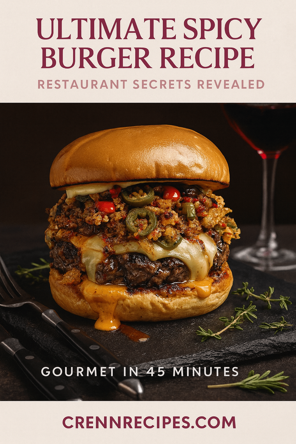 Ultimate Spicy Burger Pinterest recipe pin - restaurant secrets gourmet burger