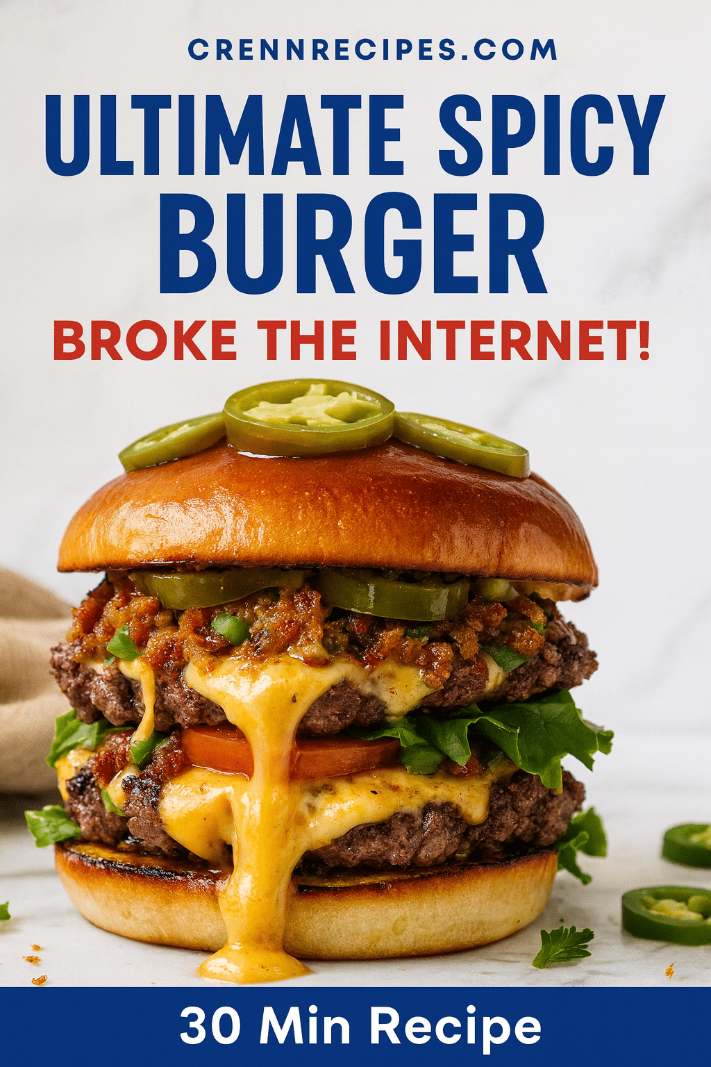 Ultimate spicy burger Pinterest recipe pin - 30 min recipe spicy jalapeño burger