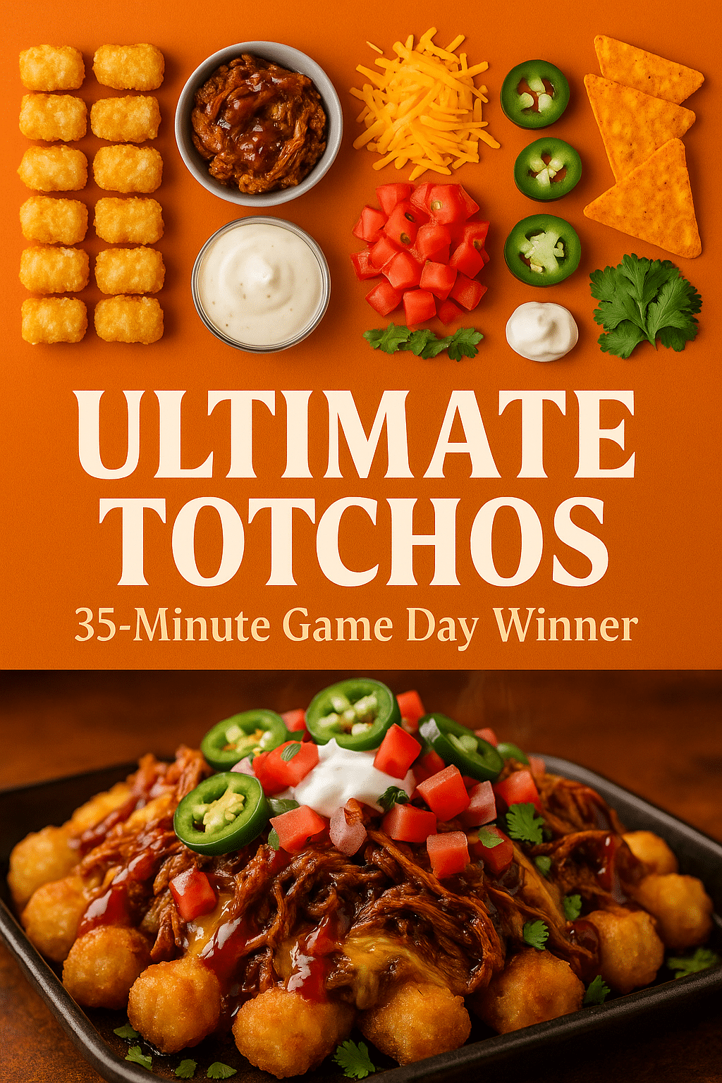 Ultimate totchos Pinterest pin showing BBQ pulled pork tater tot nachos recipe