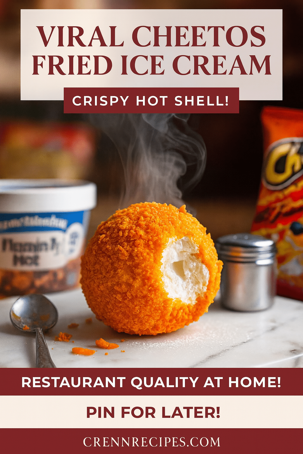 Pinterest viral Cheetos fried ice cream pin showing ingredients and finished dessert for social sharing