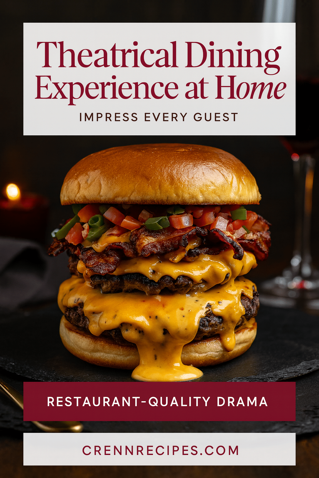 Volcano Queso Burger Pinterest recipe pin - Theatrical Dining at Home volcano queso burger