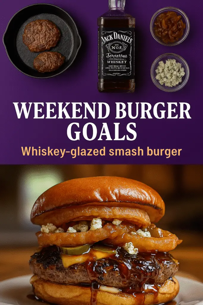 Weekend whiskey burger goals Pinterest pin showing cooking process and cross-section