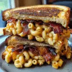 Whiskey-glazed bacon mac attack sandwich with melted sharp cheddar and premium Jack Daniel's glaze on toasted Texas toast