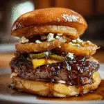 Whiskey-glazed smash burger with blue cheese and caramelized onions on premium potato roll