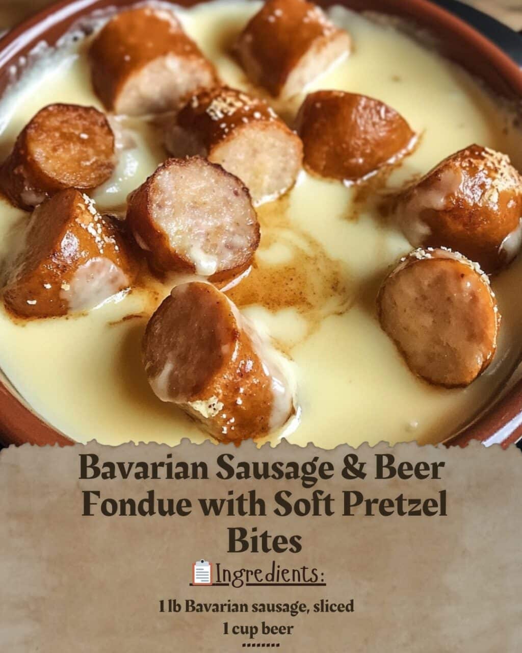 Bavarian Sausage & Beer Fondue with Soft Pretzel Bite