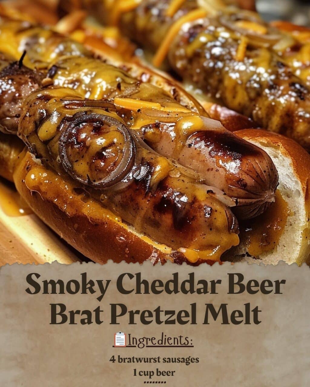 Smoky Cheddar Beer Brat Pretzel Melt