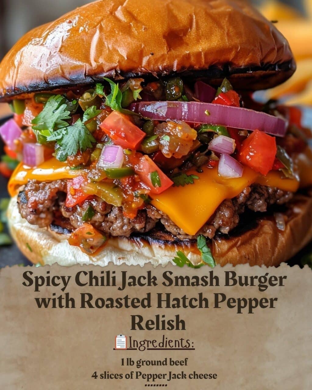 Spicy Chili Jack Smash Burger with Roasted Hatch Pepper Relish