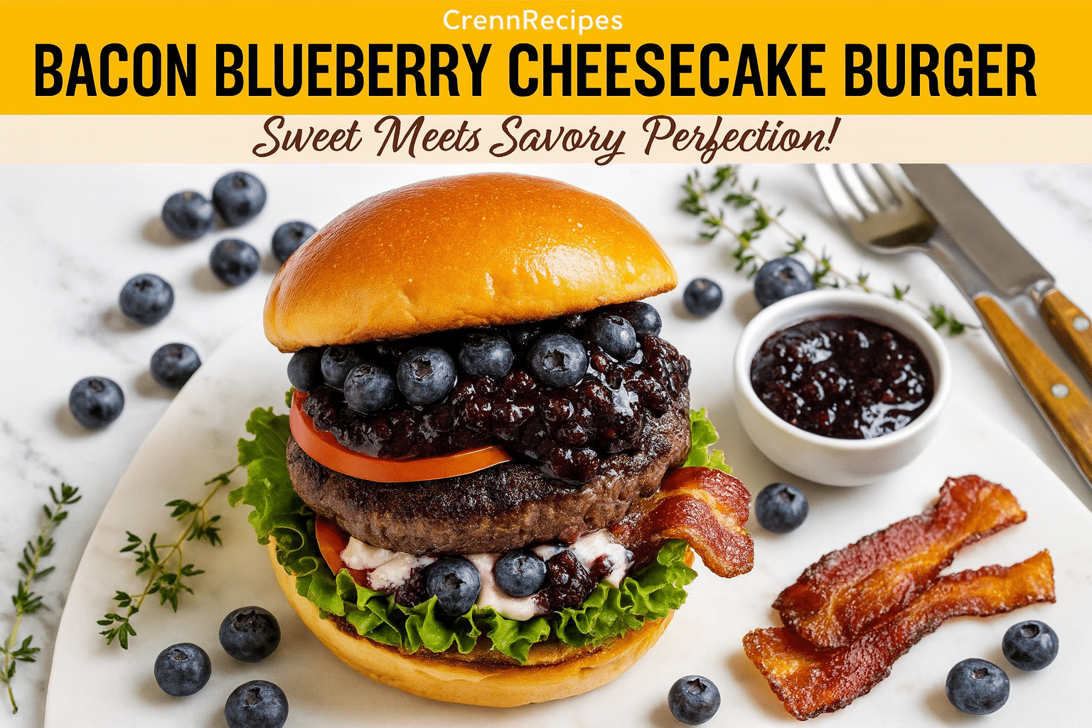 Bacon Blueberry Cheesecake Burger recipe - CrennRecipes elegant entrees gourmet burger with blueberry cream cheese filling