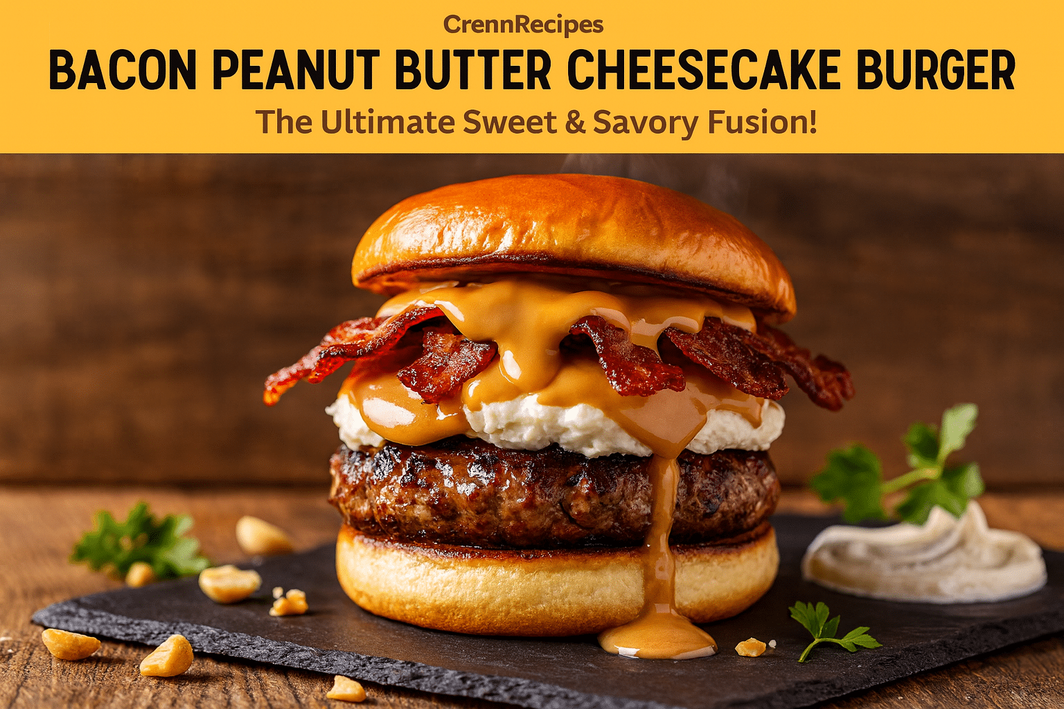 Bacon Peanut Butter Cheesecake Burger recipe - CrennRecipes elegant entrees gourmet burger
